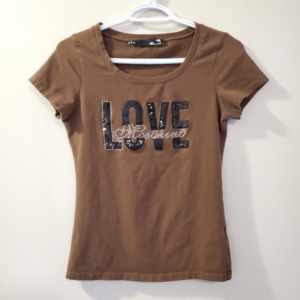 Love Moschino - Brown tee w/ embroidered and bedazzled details - Read for Sizing